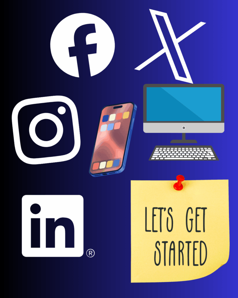 social media icons with a note that says "Let's Get Started"